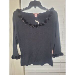 VTG Tina Hagen Black Fur-Trimmed Silk Spandex Sweater L Black Preppy old money